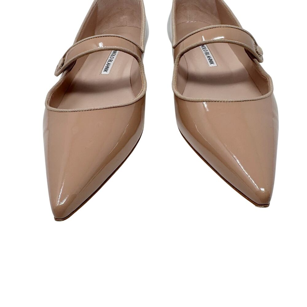 Manolo Blahnik Campariflat Nude Beige Tan Patent Pointed Toe Mary Jane Flats 40 - Picture 2 of 8
